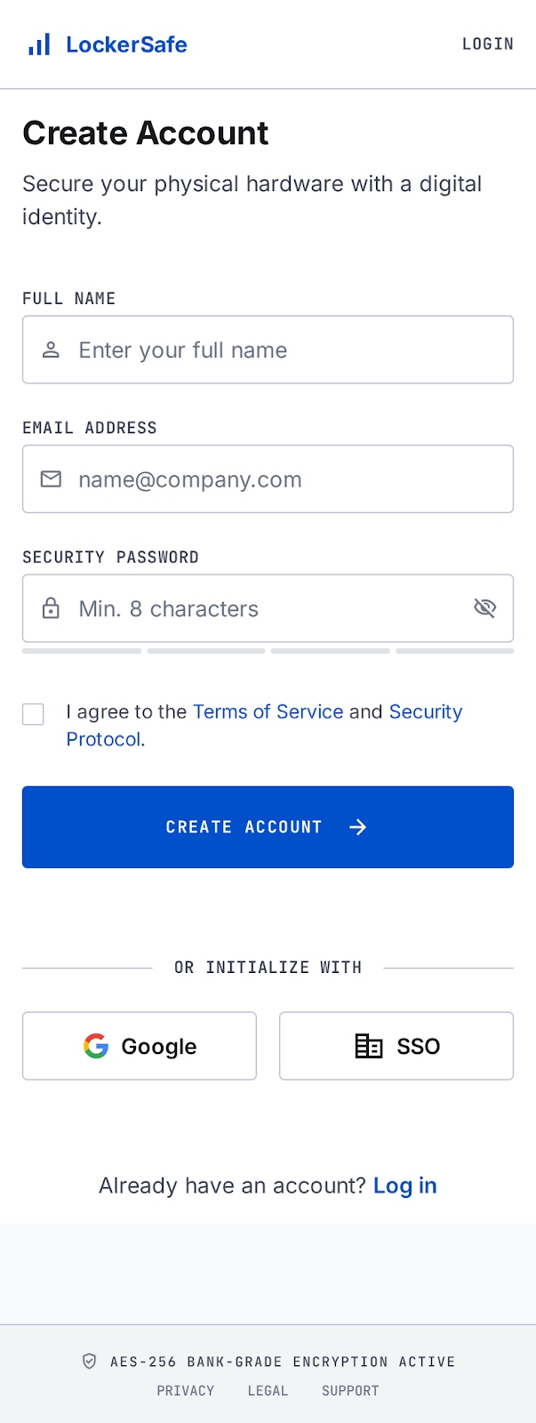 Create account screen